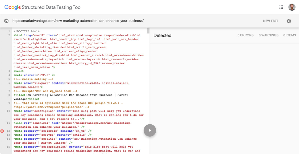 Screenshot of Google Structured Data Testing Tool