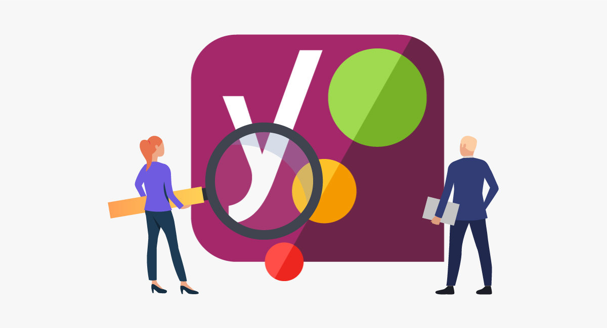 Graphic illustration of Yoast SEO Plugin logo being viewed by business man and businesswoman with a over-sized microscope