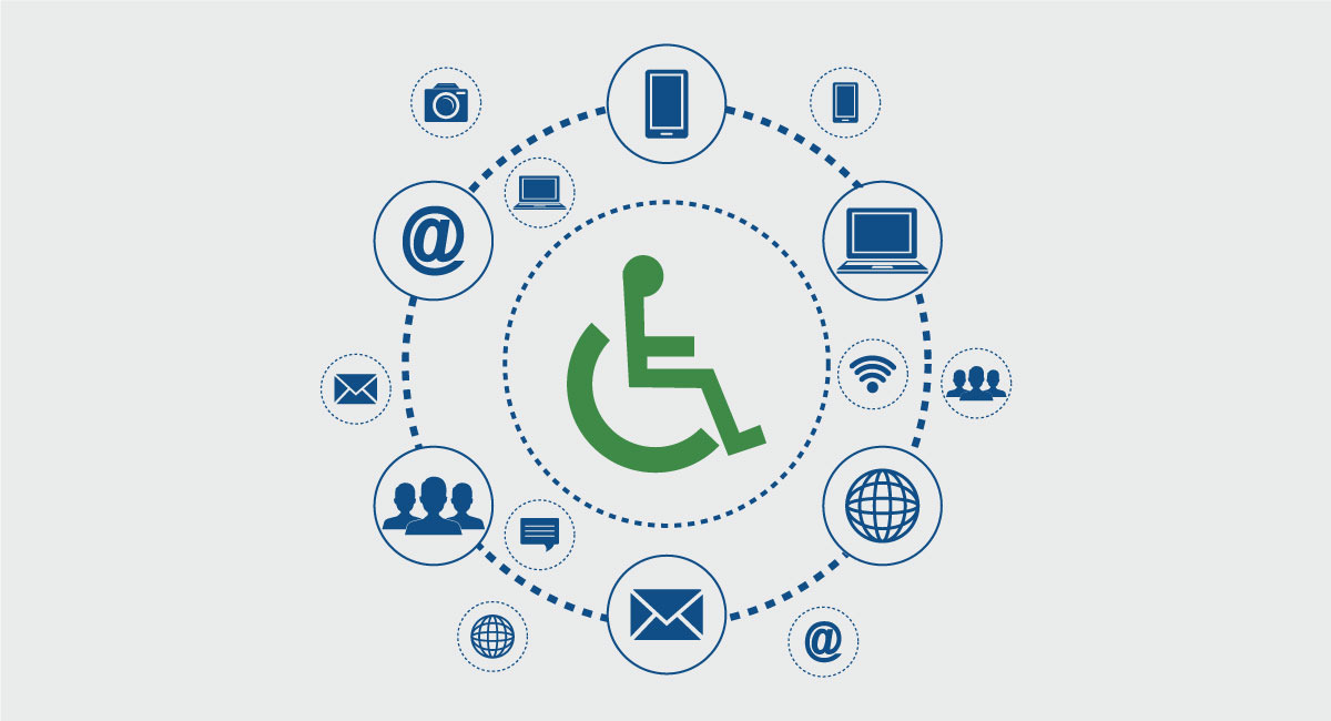 Image of Handicap icon surrounding by floating marketing icons like a computer, smartphone, camera, etc. representing website accessibility